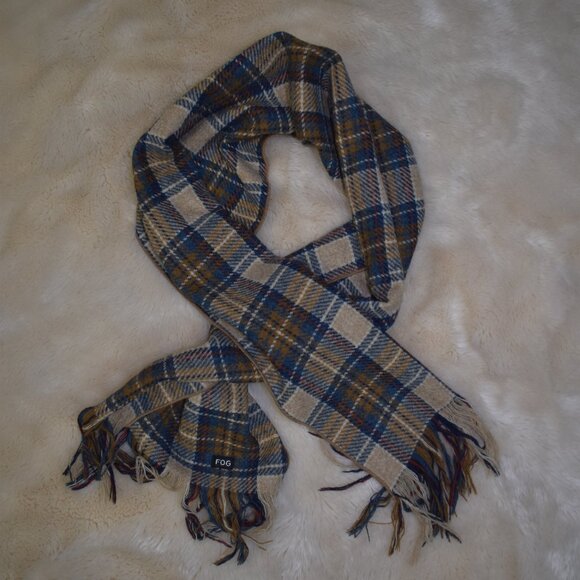 London Fog Plaid Wool Scarf Brown Blue - Picture 3 of 11